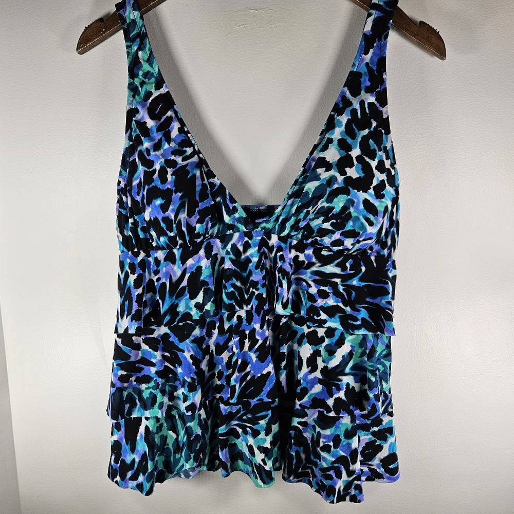 Vanishing Act Blue Cheetah Ruffle Tankini Top